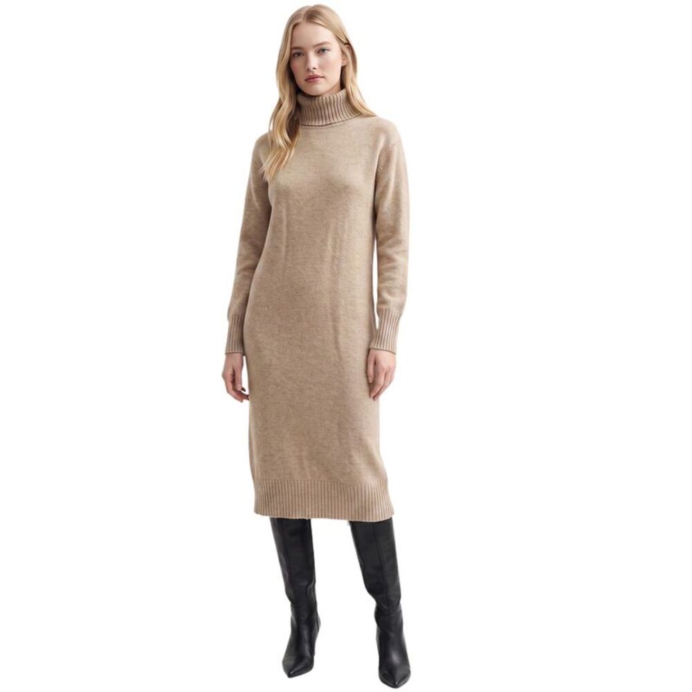 Women's Turtleneck Ribbed Knit Long Sleeve Loose Fit Maxi Dress Camel